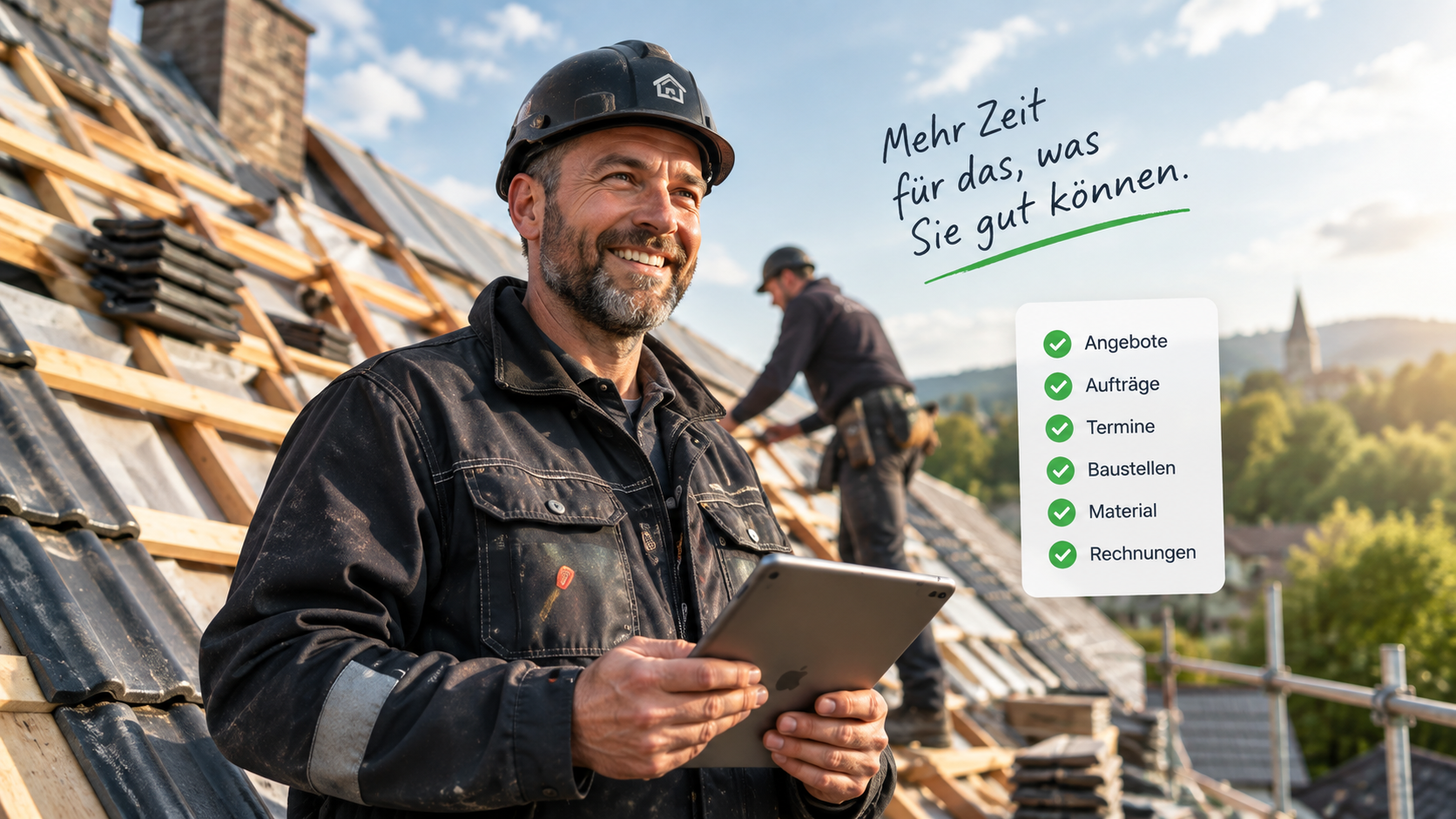 Dachdecker nutzt Tablet auf einer Baustelle