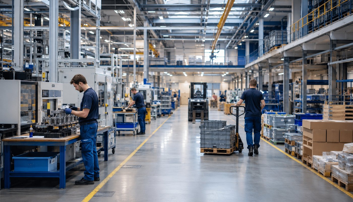 Moderne Fertigungshalle mit Lager und Arbeitsplätzen