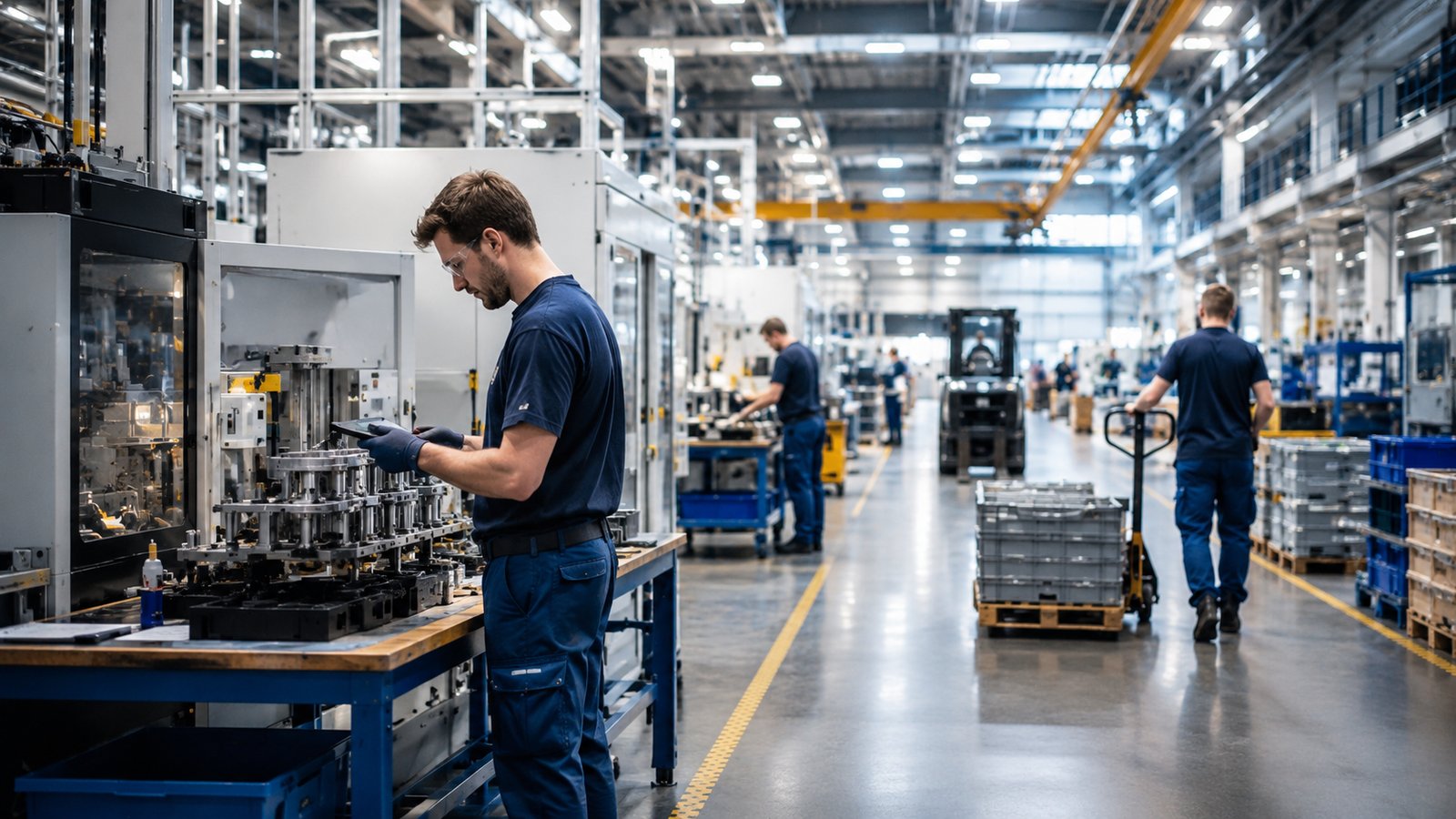 Mitarbeiter in moderner Fertigung arbeitet mit Tablet